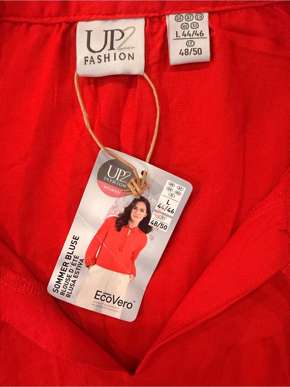 UP2 Fashion Red EcoVero Linen Blend Tassel Tie Blouse Top L NWT - Picture 9 of 10